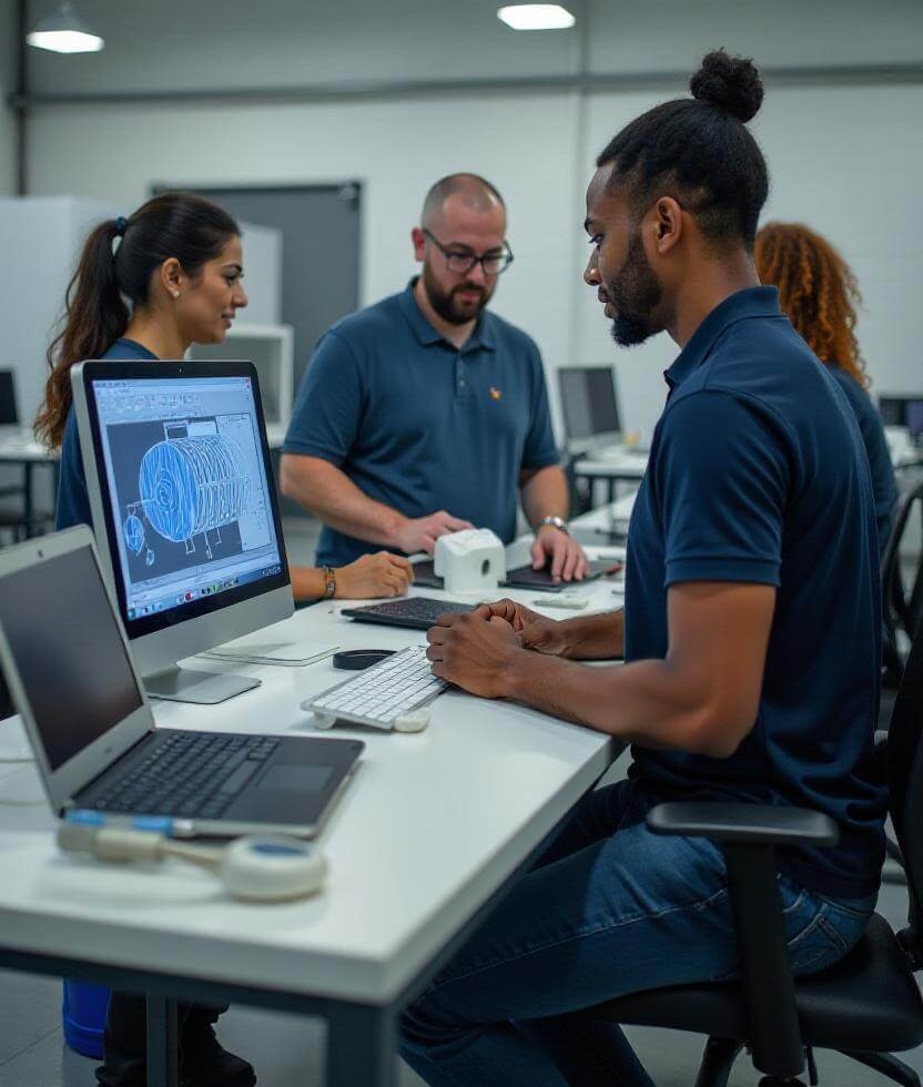 Team of engineers collaborating in a high-tech manufacturing facility, developing customized solutions using advanced machinery like 3D printers and CNC machines as part of Atomik AM’s Customer Innovation Projects (CIPs).