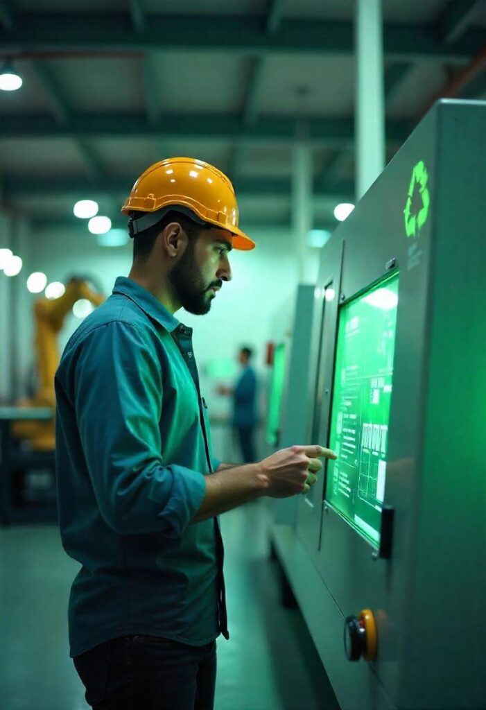 Engineer in a modern factory operating advanced manufacturing equipment, showcasing innovative technology solutions and automation in a well-lit, high-tech facility.