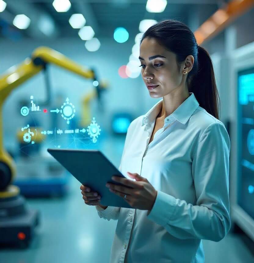 Female engineer using a tablet in a futuristic manufacturing facility, with advanced robotics and digital interface displays representing cutting-edge technology solutions.