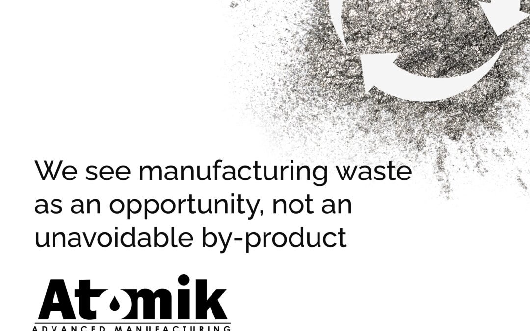 Graphic featuring a recycling symbol made of metallic aluminium powder, with the text 'We see manufacturing waste as an opportunity, not an unavoidable by-product.' Below, the Atomik AM logo is displayed, along with a quote: 'In collaboration with Cygnus Atratus, we are transforming waste into clean hydrogen energy.