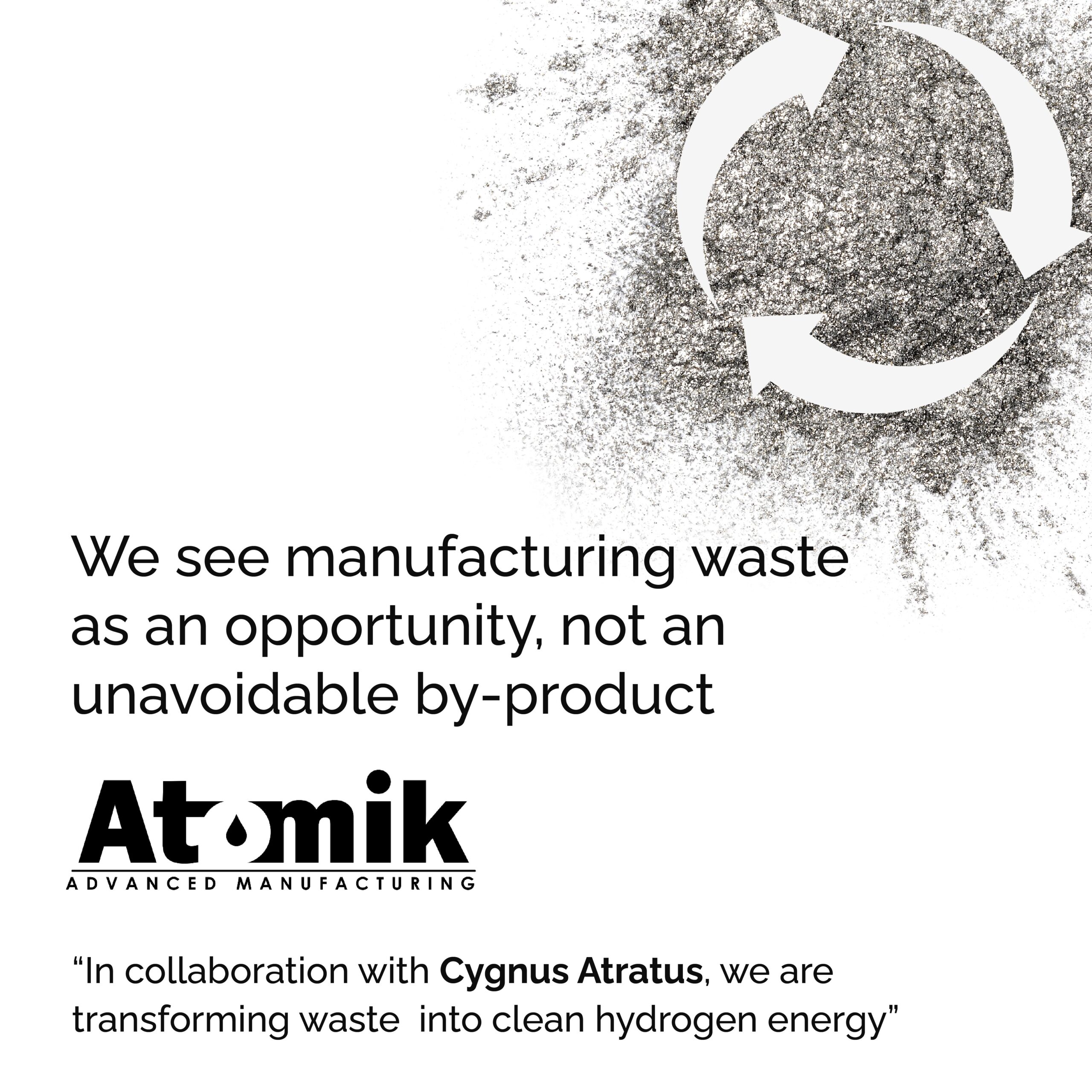 Graphic featuring a recycling symbol made of metallic aluminium powder, with the text 'We see manufacturing waste as an opportunity, not an unavoidable by-product.' Below, the Atomik AM logo is displayed, along with a quote: 'In collaboration with Cygnus Atratus, we are transforming waste into clean hydrogen energy.